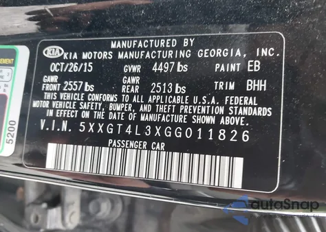 2016 Kia Optima Lx из США, поврежденный, VIN 5XXGT4L3XGG011826